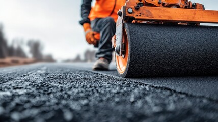 Heavy-duty road roller compressing fresh asphalt on a highway construction site, ensuring a smooth and durable road surface.