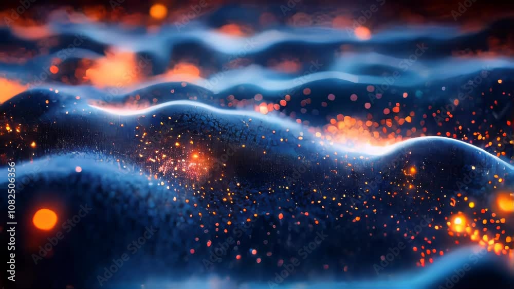 Poster a textured surface with glowing particles, evoking a microscopic view of cells or a data grid in a f