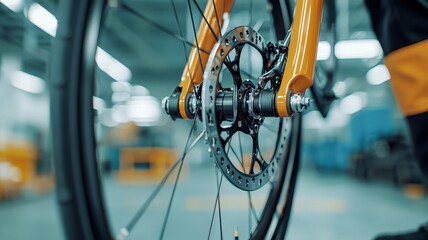Detailed close-up of a bicycle's disc brake and wheel hub assembly on an orange frame, highlighting precision engineering and bike components.