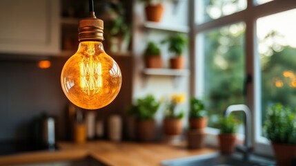 Warm Vintage Light Bulb Illuminating a Cozy Kitchen Setting