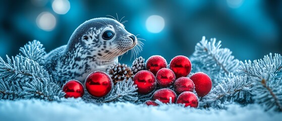 A cute seal among decorated fir branches and shiny red ornaments in winter scenery.