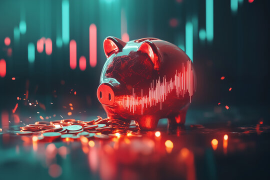 Cracked piggy bank with scattered coins and declining graphs, symbolizing financial crisis, with copy space. Dim, dramatic lighting. Abstract background. 