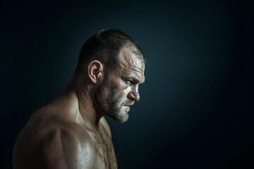 Close-up of very angry heavyweight fighter, focused and ready to fight, looking to the side, isolated on black background, side view