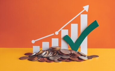 Financial Growth Concept with Coins, Bar Graph, and Green Check Mark on Orange Background, symbolizing financial success.