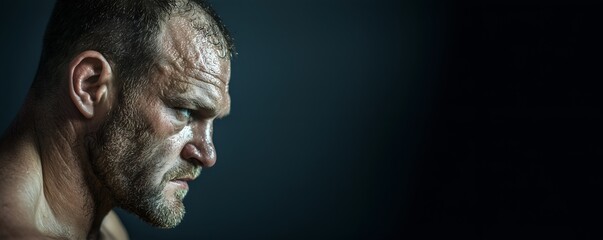 Close-up of very angry heavyweight fighter, focused and ready to fight, looking to the side, isolated on black background, side view