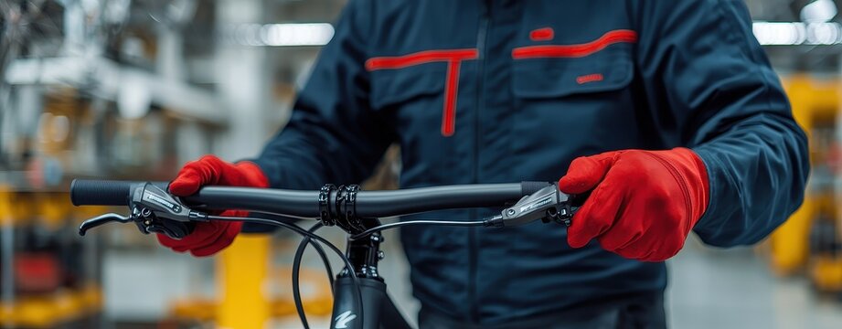 Close-up of a mechanic's gloved hands adjusting the handlebars on a bicycle, highlighting precision work in a professional workshop setting.
