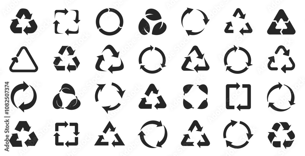 Poster recycling symbol collection. set of black recycle arrows icons on a white background in a flat desig