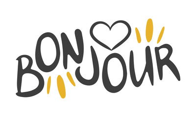 Bonjour. Handwritten vector lettering. Unique hand drawn nursery poster. Cute phrases. Ink brush calligraphy. Scandinavian nordic style quote. Poster design, t-shirt print. Illustration art © scoutori