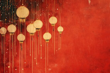 Fototapeta premium Chinese New Year background with red lanterns and golden line drawing, minimalistic design, high resolution, space for text.