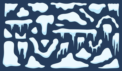 Cartoon snow caps. Set of snow cap. Snow caps, snowy ice and frozen icicles. Winter snowy decoration elements