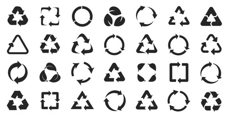 Recycling symbol collection. Set of black recycle arrows icons on a white background in a flat design