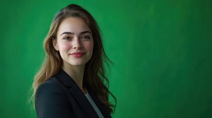 Professional Woman Smiling Against Green Background