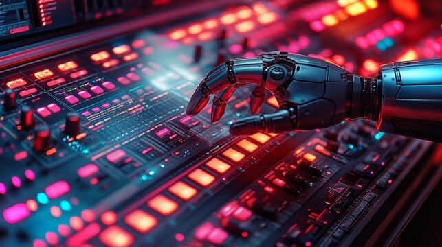 An android composes music tracks on a high-tech console surrounded by glowing controls