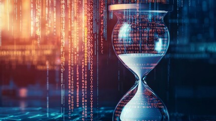 Digital hourglass symbolizes the passage of time and data flow, blending technology with traditional timekeeping.