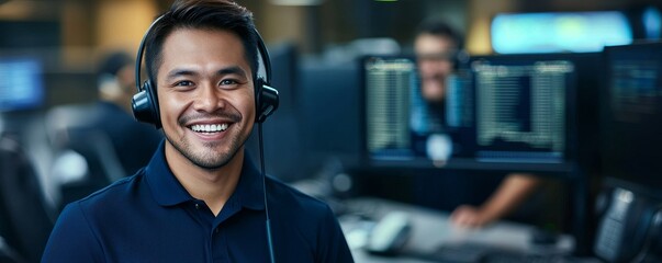 A cheerful male customer service representative with a headset, smiling in a modern office environment, conveying professionalism.