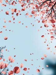 A serene sky view framed by falling pink leaves, creating a tranquil atmosphere.