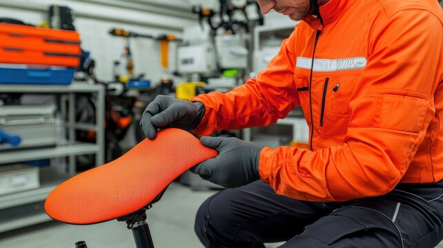 A bicycle mechanic in an orange jacket adjusts a bright orange bike seat in a workshop filled with tools and equipment.