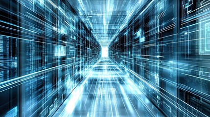 Abstract blue and white tunnel with lines and digital elements, representing the concept of data flow and technology.
