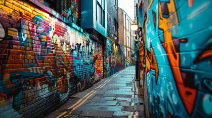 Naklejka premium Vibrant Street Art in a Narrow Urban Alleyway with Colorful Graffiti and Glossy Stone Path