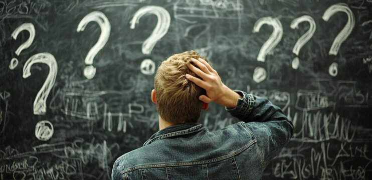 A man stands in front of a chalkboard covered in question marks, scratching his head in frustration. He seems to be struggling with a difficult problem or decision