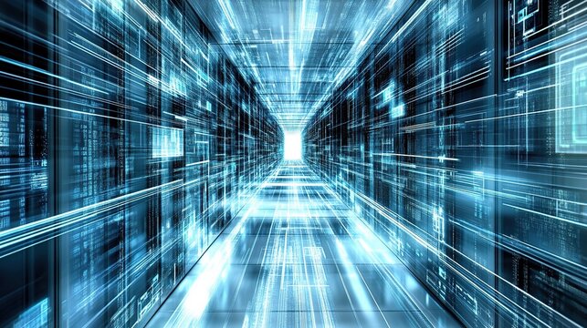 Abstract blue and white tunnel with lines and digital elements, representing the concept of data flow and technology.