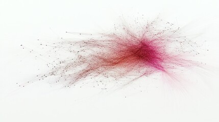Abstract burst of red and pink particles on a white background.