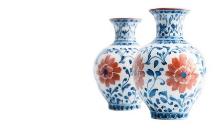 Porcelain Vases Decorated with Traditional Blue Accents, Chinese New Year Festival, Isolated on White, PNG File, Transparent Background