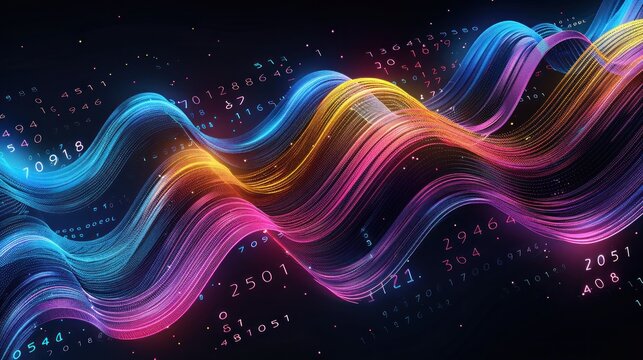 Abstract digital wave of glowing lines in vibrant colors with numbers and data points.