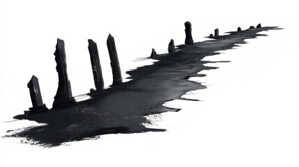 Abstract black stones on a white background, artistic representation.