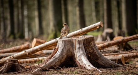 Fototapeta premium Sparrow perched on tree stump in forested logging area with fallen logs. Concept habitat loss and resilience of wildlife. Climate change awareness