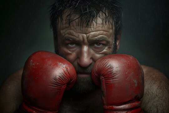 Closeup portrait of an angry vintage european senior  boxer holding up his worn and dirty red boxing gloves to the face and looking straight in to the camera