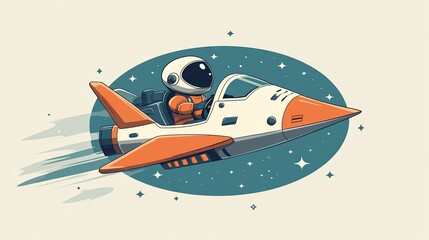 Cartoon astronaut flying in a spaceship through the galaxy.