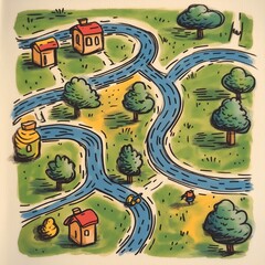 A whimsical illustrated map featuring winding roads, trees, and colorful houses in a playful landscape.