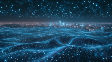 Explore the mystical beauty of a digital landscape illuminated by starry skies above urban horizons