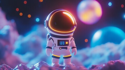 A cute astronaut stands on a colorful planet in space, surrounded by glowing orbs.