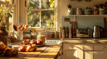 Fototapeta premium Bright and Cozy Kitchen with Fresh Apples and Natural Light