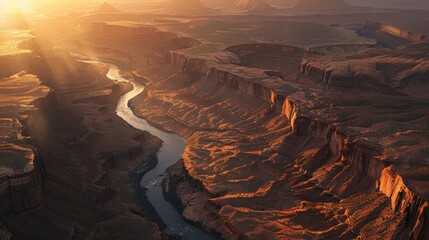 Stunning Aerial View of Canyon Landscape at Sunrise with River Flowing Through Rocks