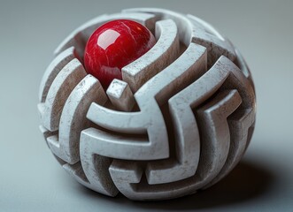 A red sphere encased in a white, intricate, geometric, 3D structure.