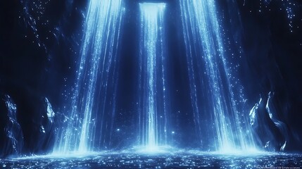 Discover the enchanting beauty of cascading waterfalls illuminated by ethereal light in a mystical cave setting