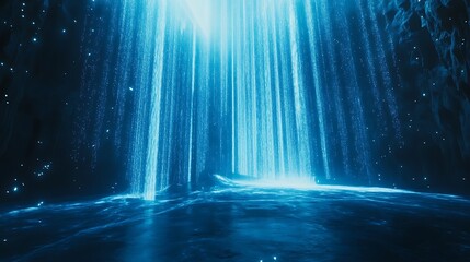Experience the mesmerizing beauty of cascading waterfalls illuminated by ethereal blue light in a tranquil environment