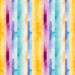 Abstract bright colorful mosaic seamless pattern with vertical stripes in blue or teal, yellow, pink or purple colors and gold lines. Watercolor abstract art.