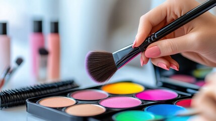 Makeup application by a professional beauty salon closeup modern interior artistic perspective colorful palette