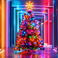 multicolor neon Christmas tree in the interior	