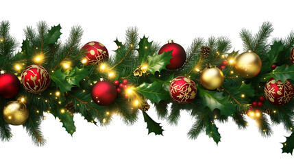 Festive red and gold glass baubles adorn a lush green fir tree branch for a joyous Christmas celebration isolated on transparent background.