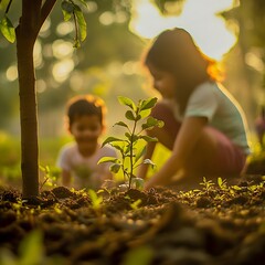 family, children planting trees in a green urban park, sunlight streaming through leaves. recreation, urban greenery