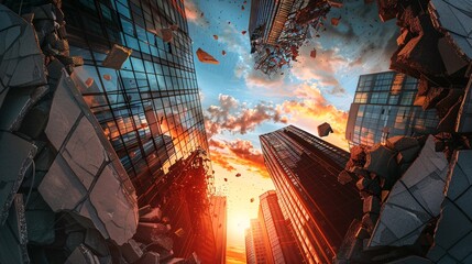 An apocalyptic cityscape explosion in the futuristic urban skyline with crumbling skyscrapers fiery chaos and a dramatic surreal atmosphere of destruction and disaster