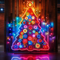 multicolor neon Christmas tree in the interior