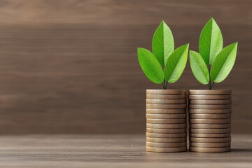 Green shoots growing from stacks of coins.