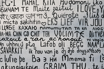 I love you in multiple languages on a textured background.