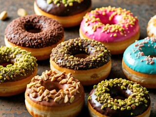 A range of different vegan doughnuts with pistachios, chocolate and nuts.